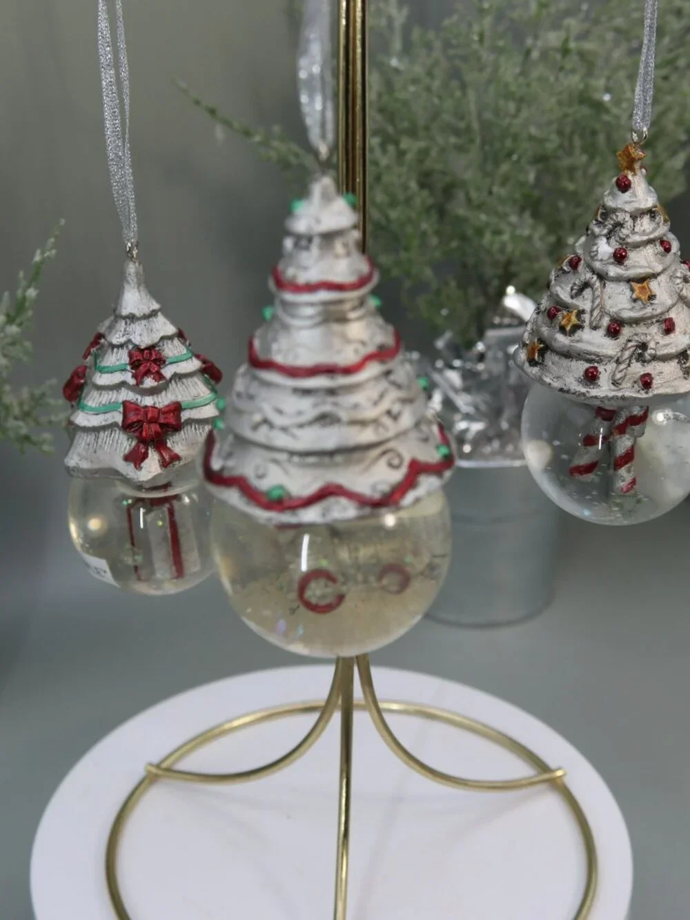 Towle Holiday Wishes Set of Three Christmas Tree Snow Globe Ornaments.